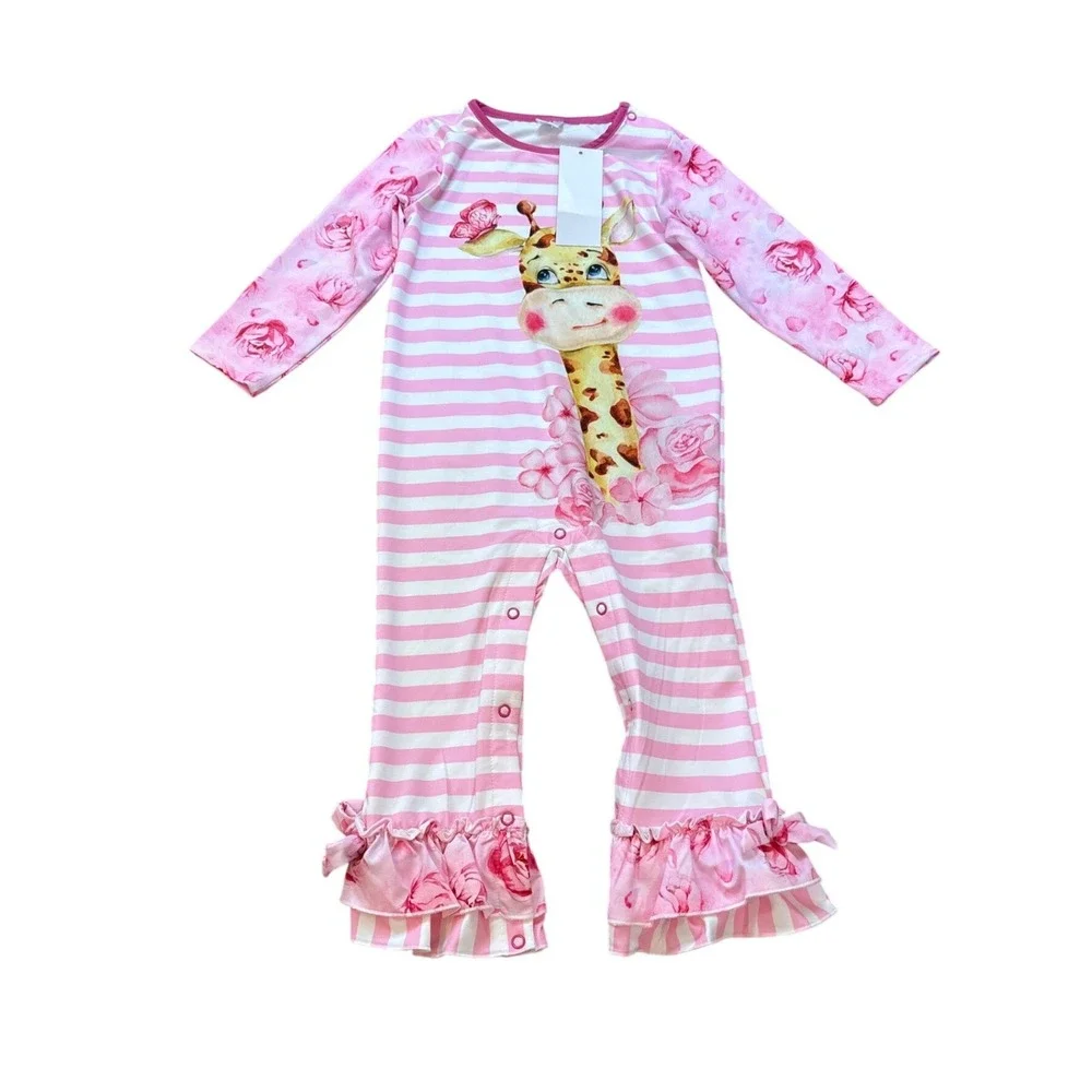 Penelope Plumm Romper Kids Pink Giraffe Floral Ruffle Bell Bottom SIZE‎ 2T NWT